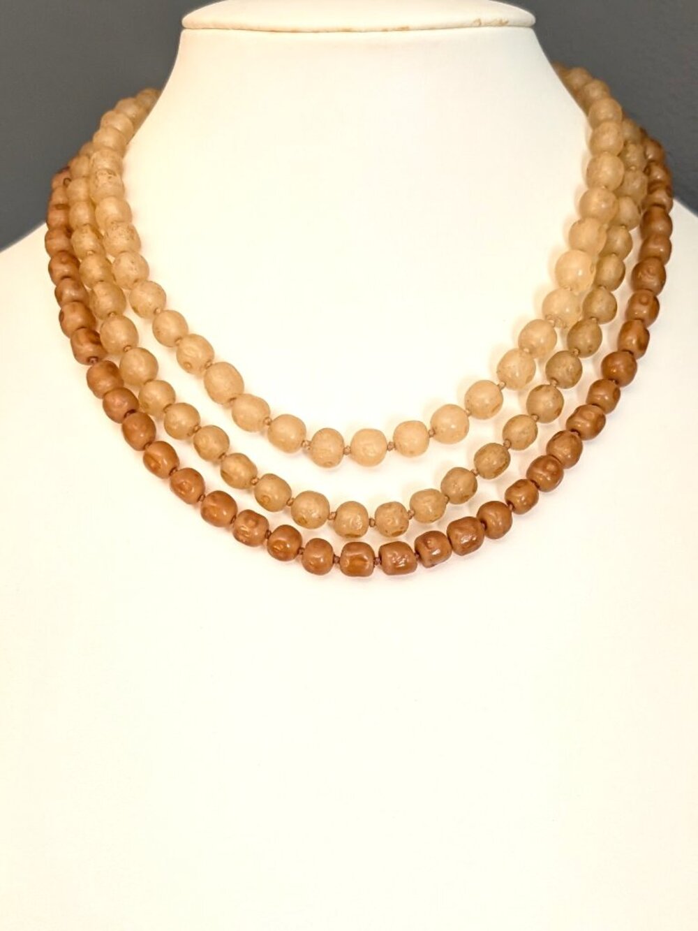Vintage shades of light brown 3 strand beaded necklace